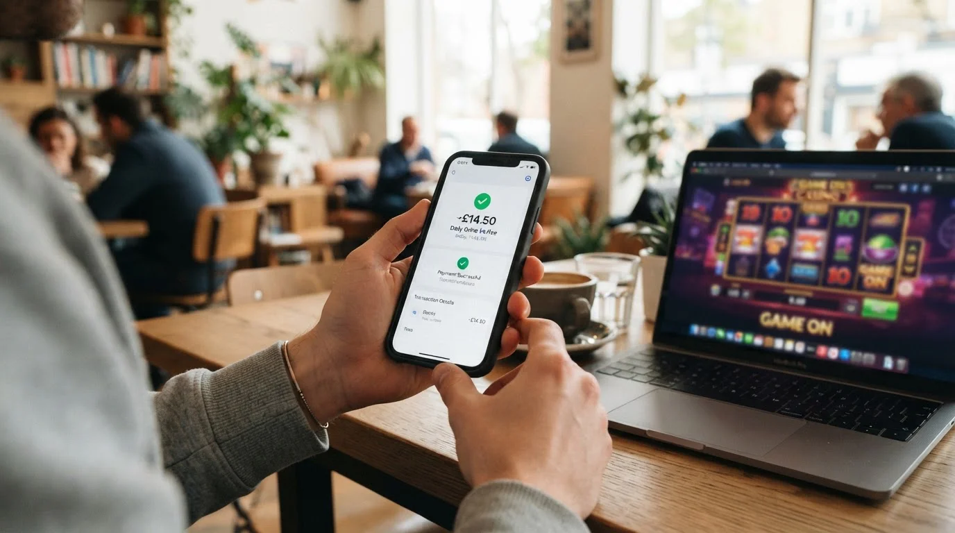 Persona usando smartphone con app Revolut para depósito en casino