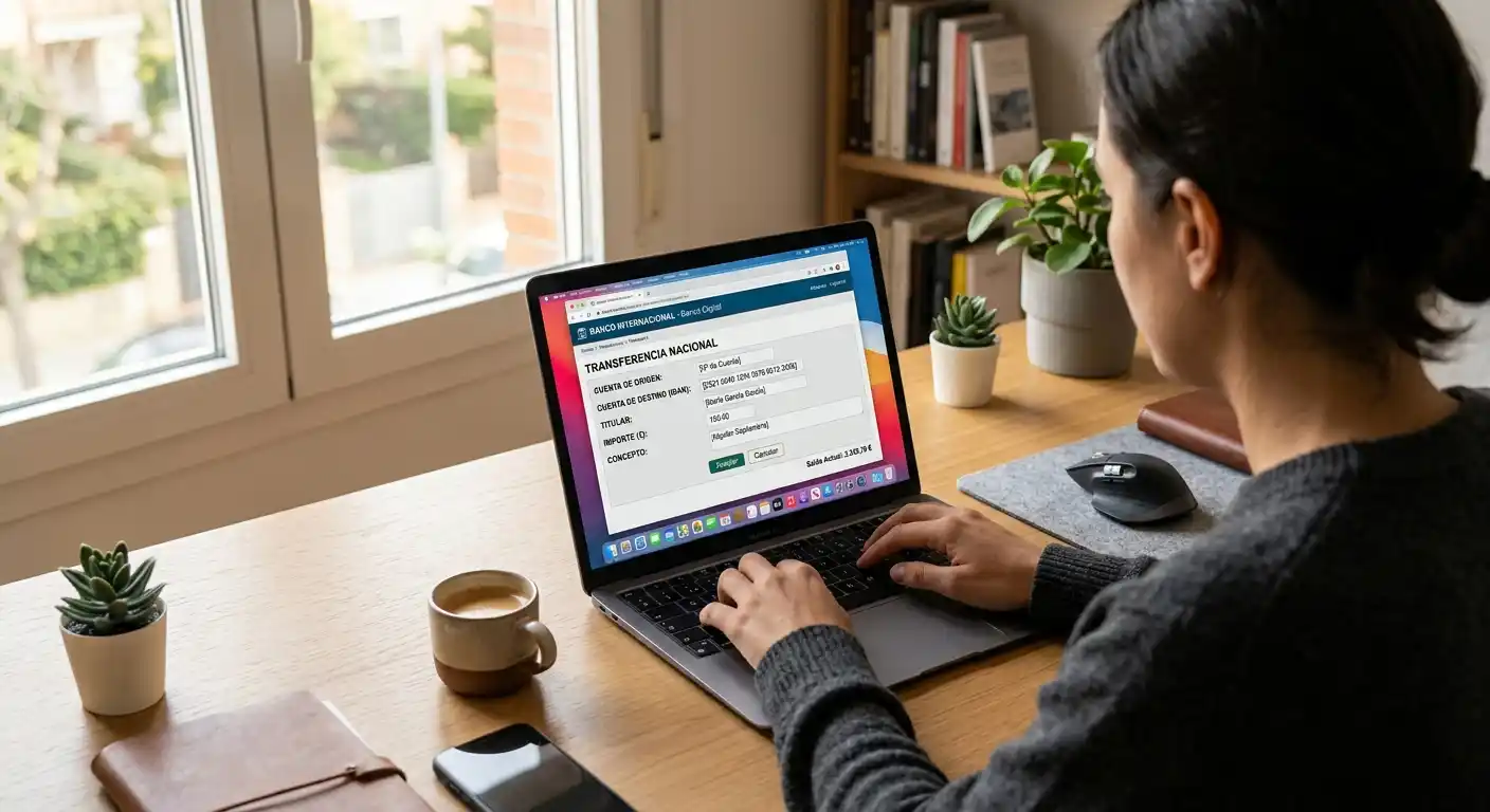 Persona usando banca online en laptop para enviar transferencia a casino