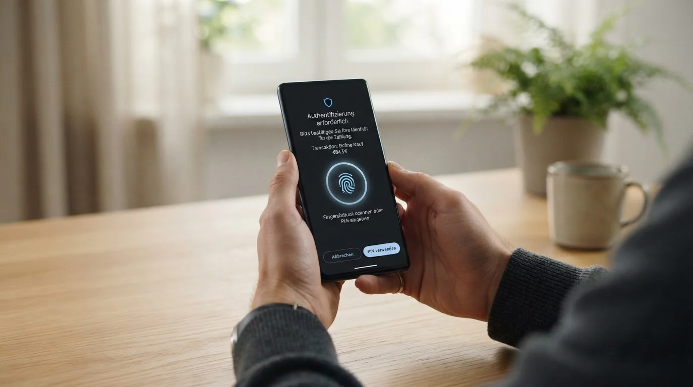 Persona autenticando transacción bancaria en smartphone con app de banca online