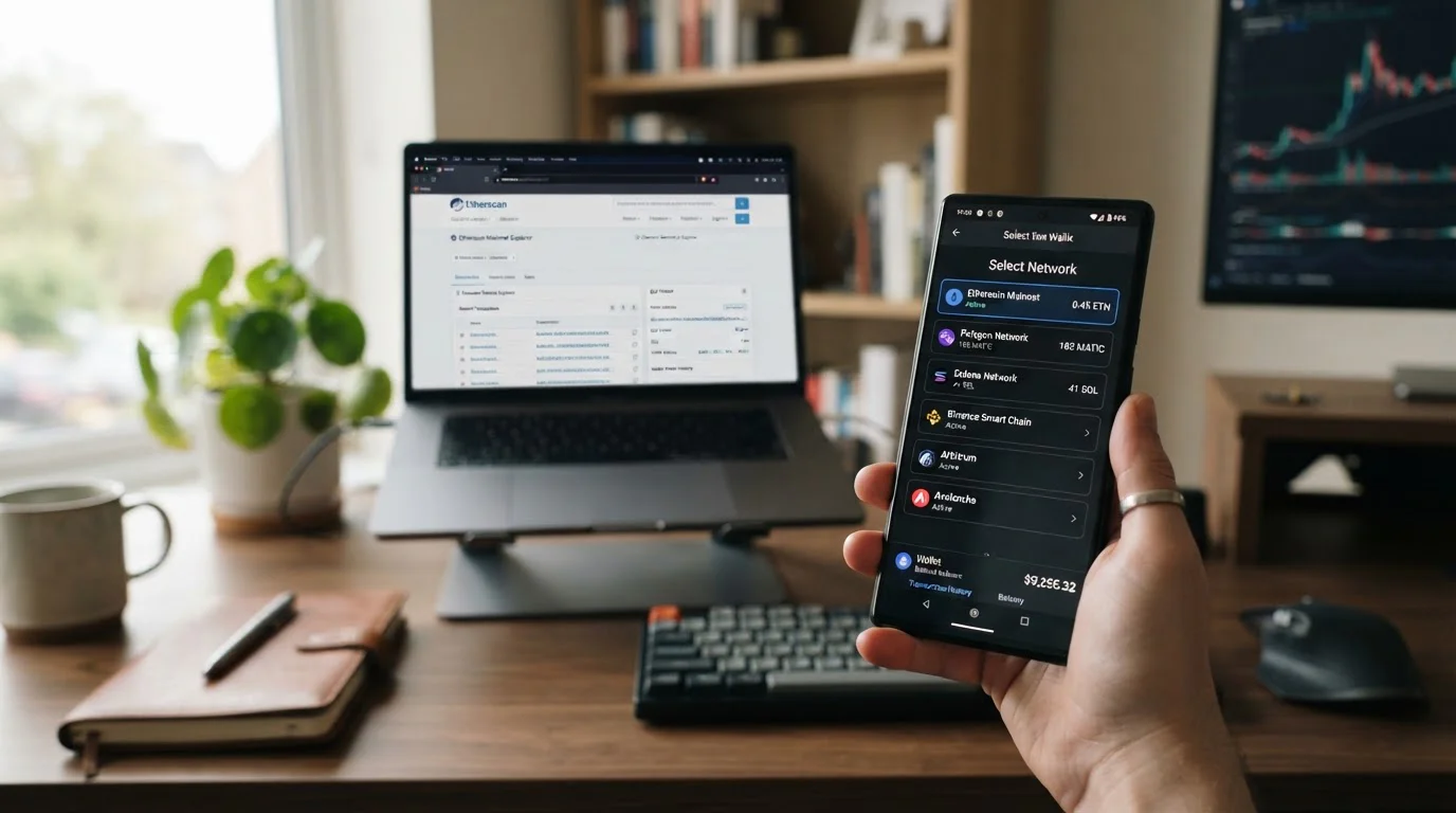 Smartphone mostrando interfaz de wallet cripto con menú de selección de red blockchain