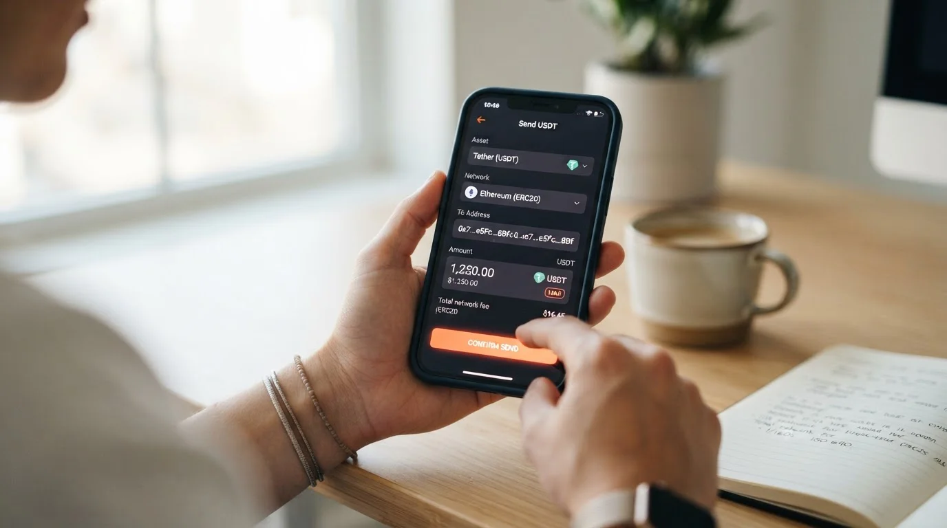 Pantalla de wallet cripto enviando USDT con dirección de casino y selección de red