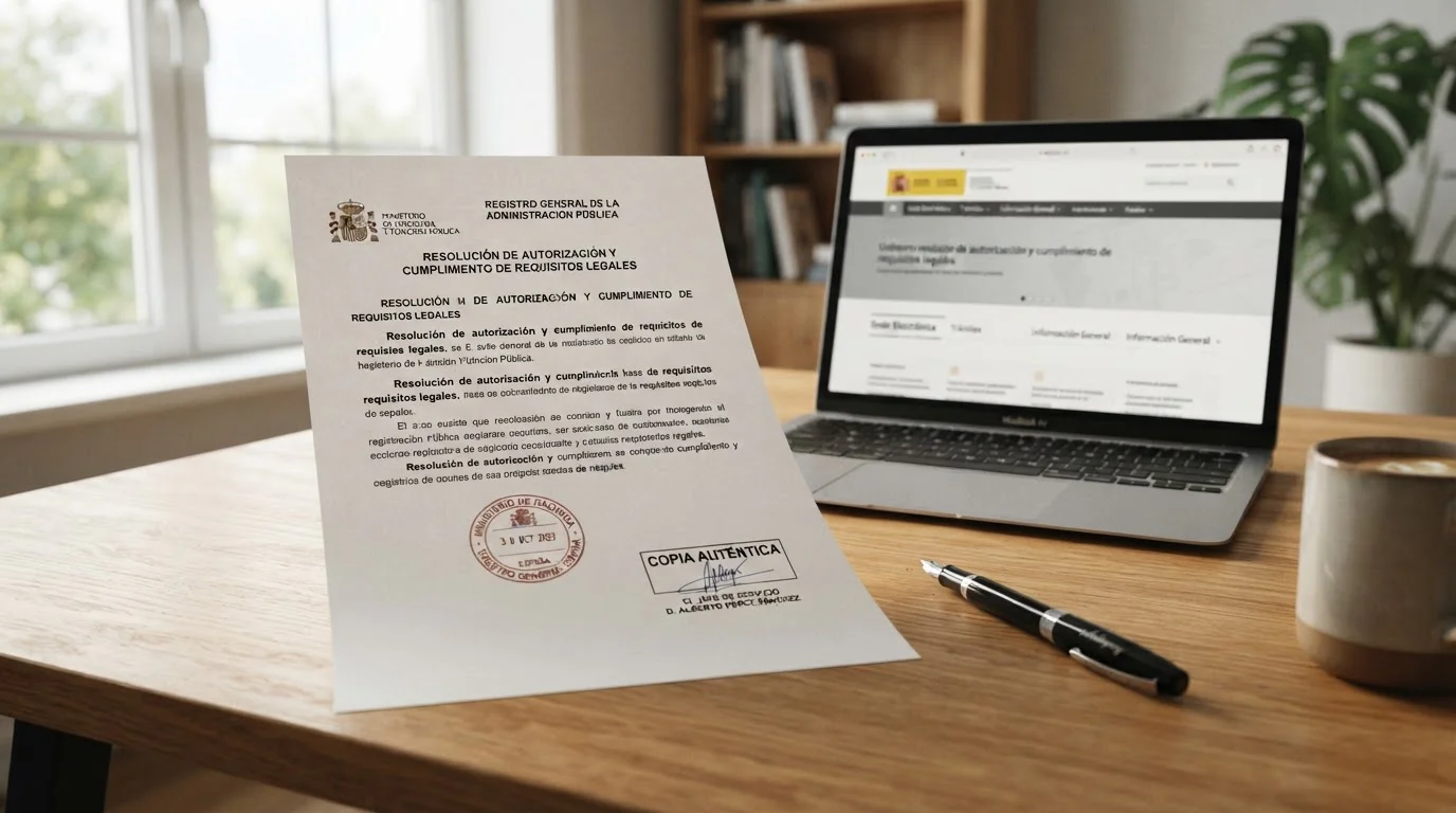 Documento oficial español con sello y ordenador portátil mostrando web gubernamental en segundo plano