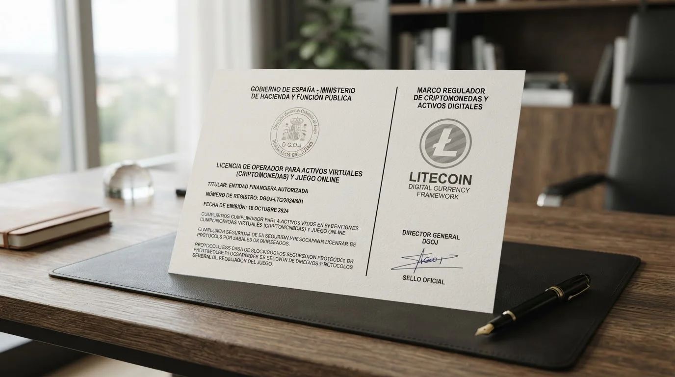 Documento de licencia DGOJ junto a símbolo Litecoin con línea divisoria clara entre ambos