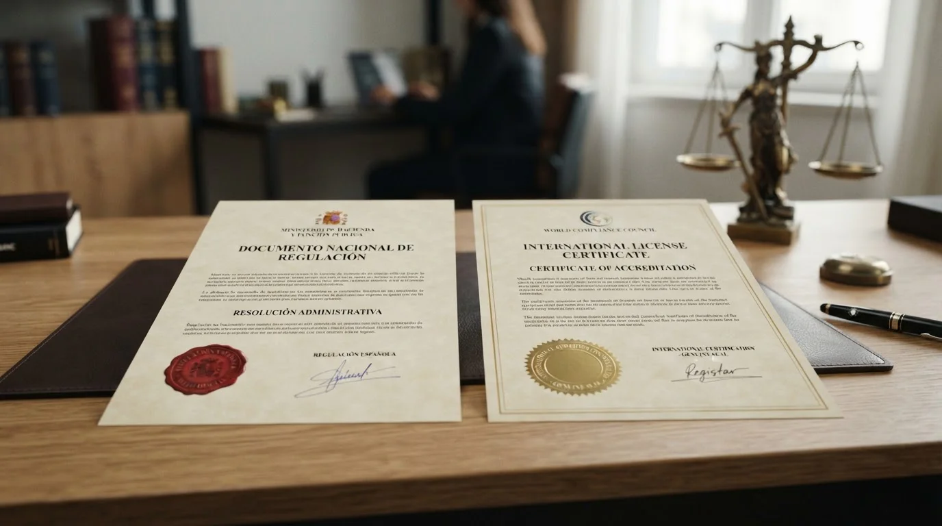 Dos documentos oficiales lado a lado comparando sello DGOJ español y certificado internacional