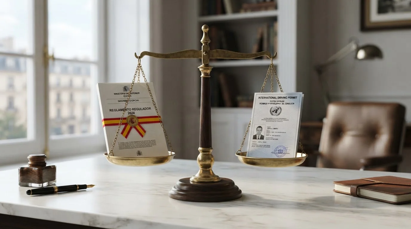 Balanza equilibrando documento de regulación DGOJ y licencia internacional