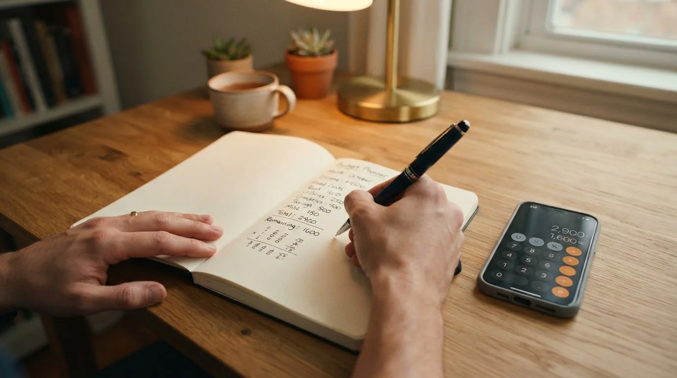 Manos escribiendo presupuesto en libreta con smartphone y calculadora