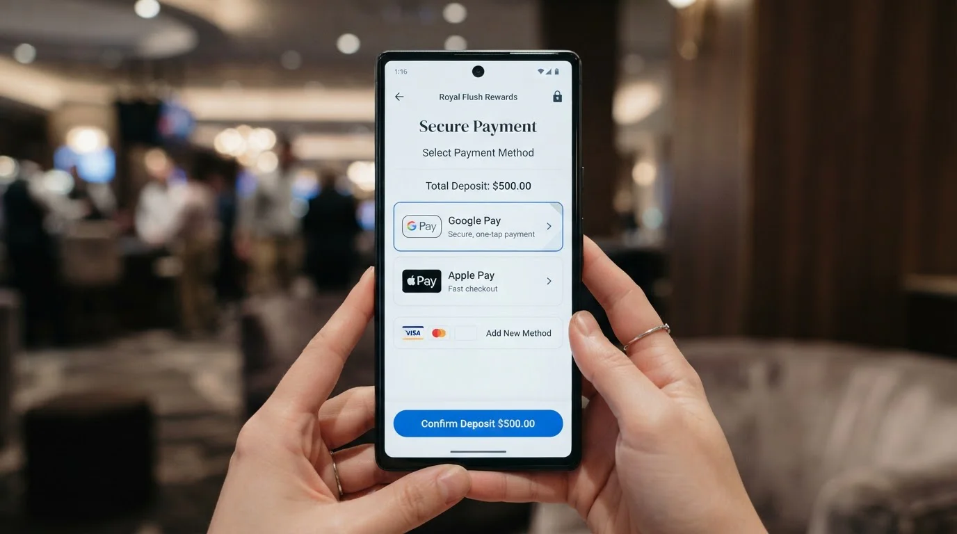 Smartphone mostrando iconos de Google Pay y Apple Pay en pantalla de métodos de pago