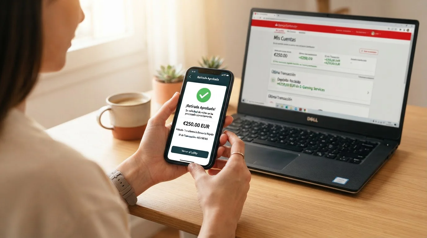 Smartphone mostrando un retiro de casino aprobado en segundos, con reloj y saldo acreditado