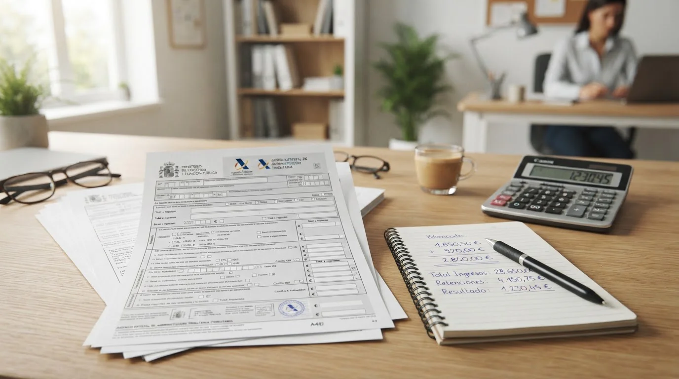 Documento de impuestos español con símbolo de euro y calculadora sobre escritorio