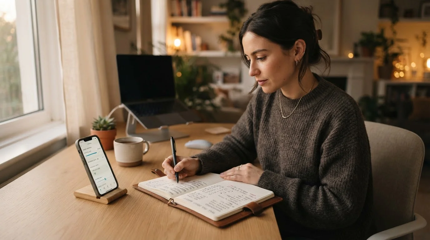 Persona configurando límites de depósito en smartphone con temporizador y calculadora sobre escritorio limpio