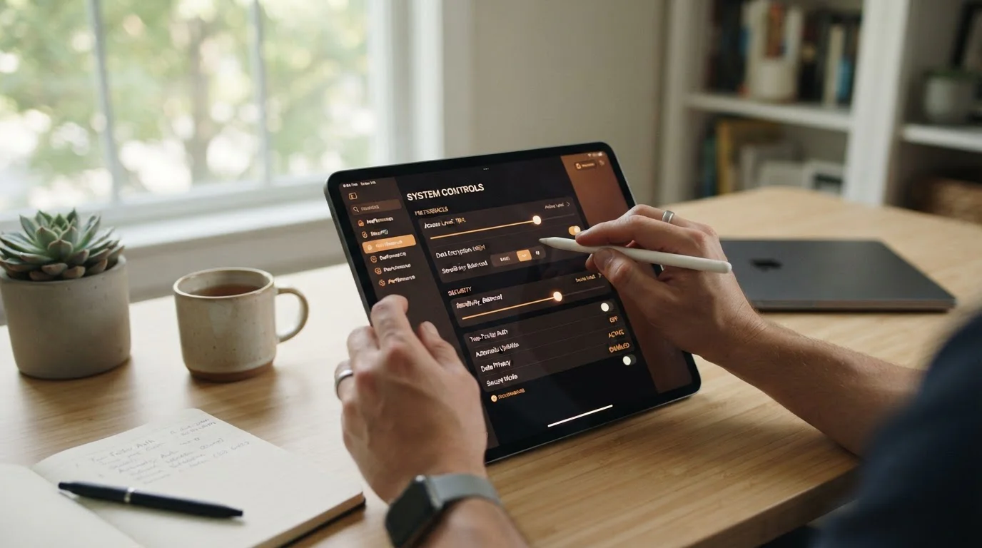 Manos usando tablet con controles deslizantes y ajustes de límites