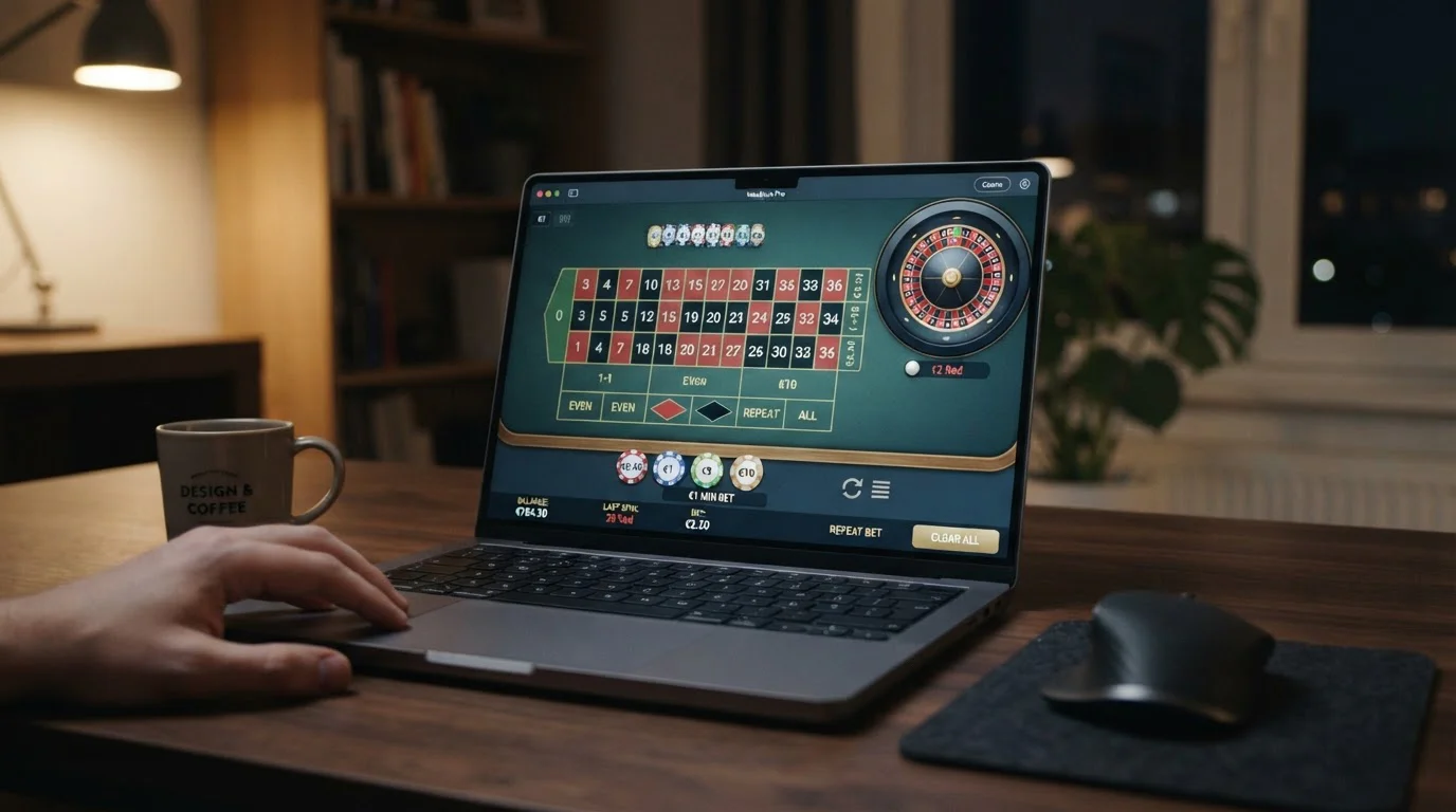 Ruleta de casino europea mostrando apuestas de bajo importe en pantalla de ordenador