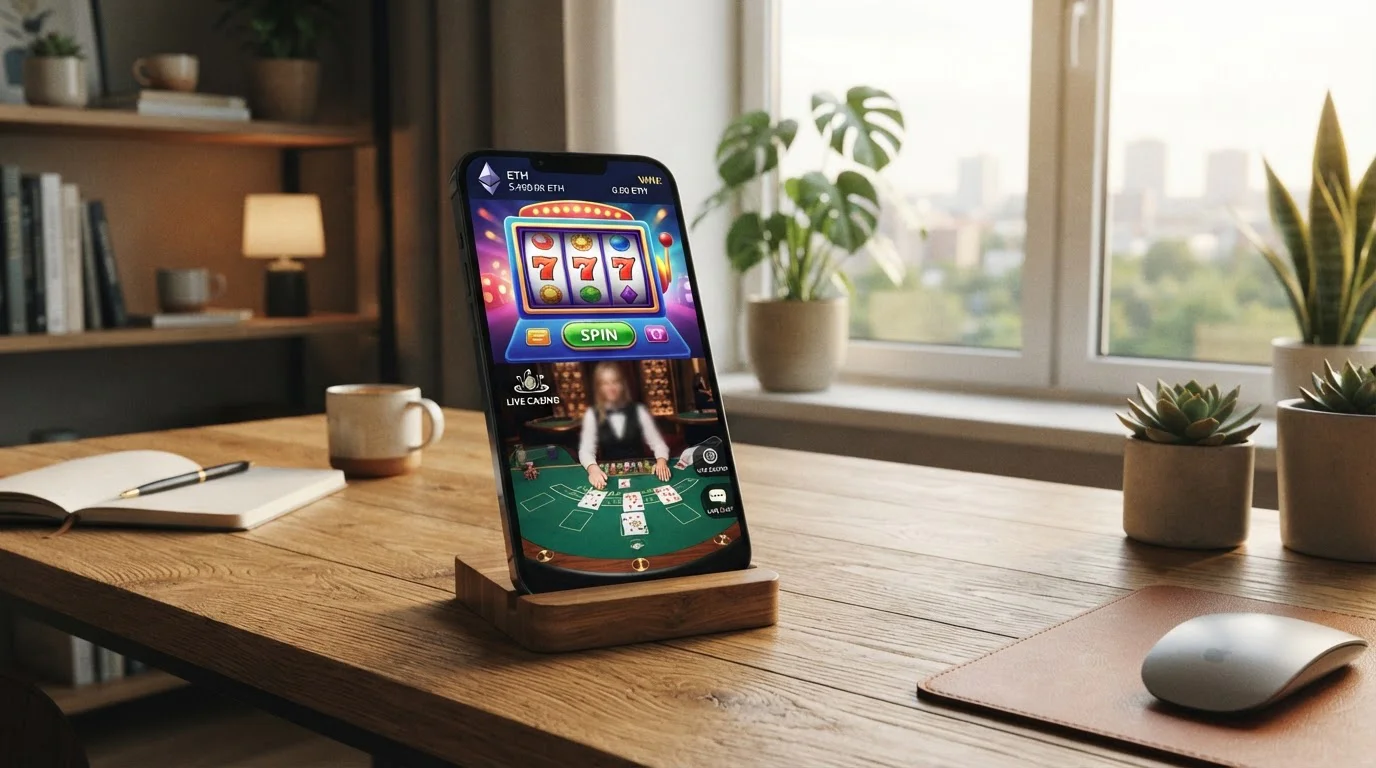 Pantalla de smartphone mostrando tragaperras y ruleta en vivo con cartera Ethereum