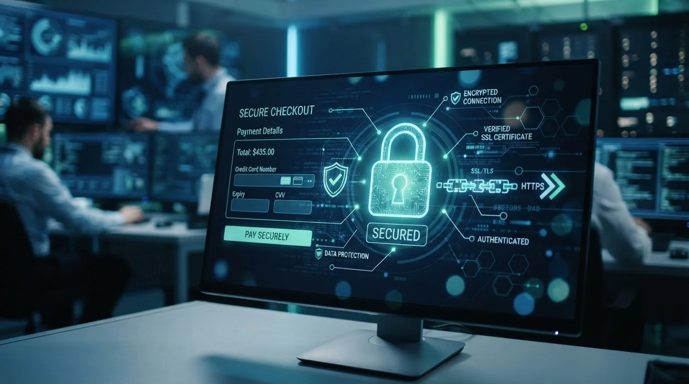 Candado digital y símbolos de encriptación SSL sobre interfaz de pago seguro