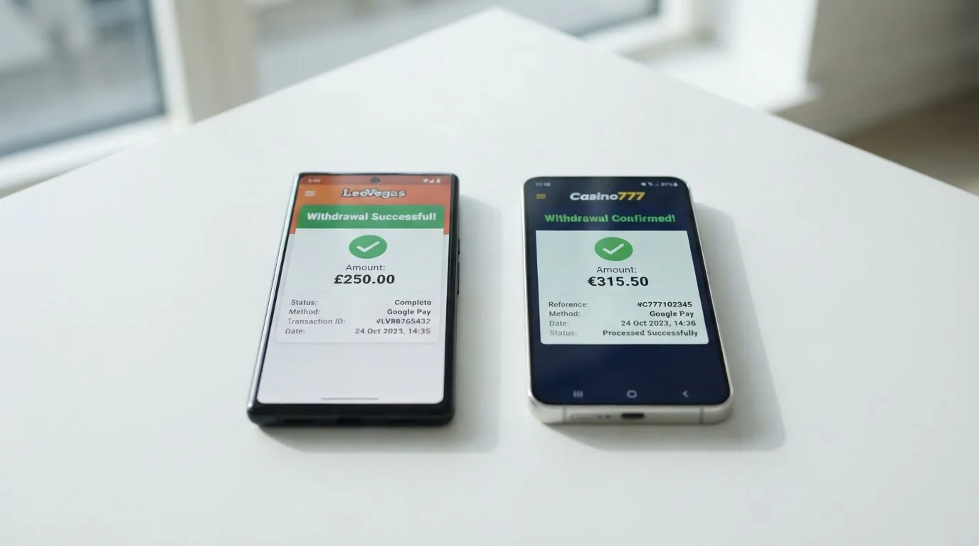 Comparativa visual de dos smartphones mostrando pantallas de retirada exitosa en LeoVegas y Casino777