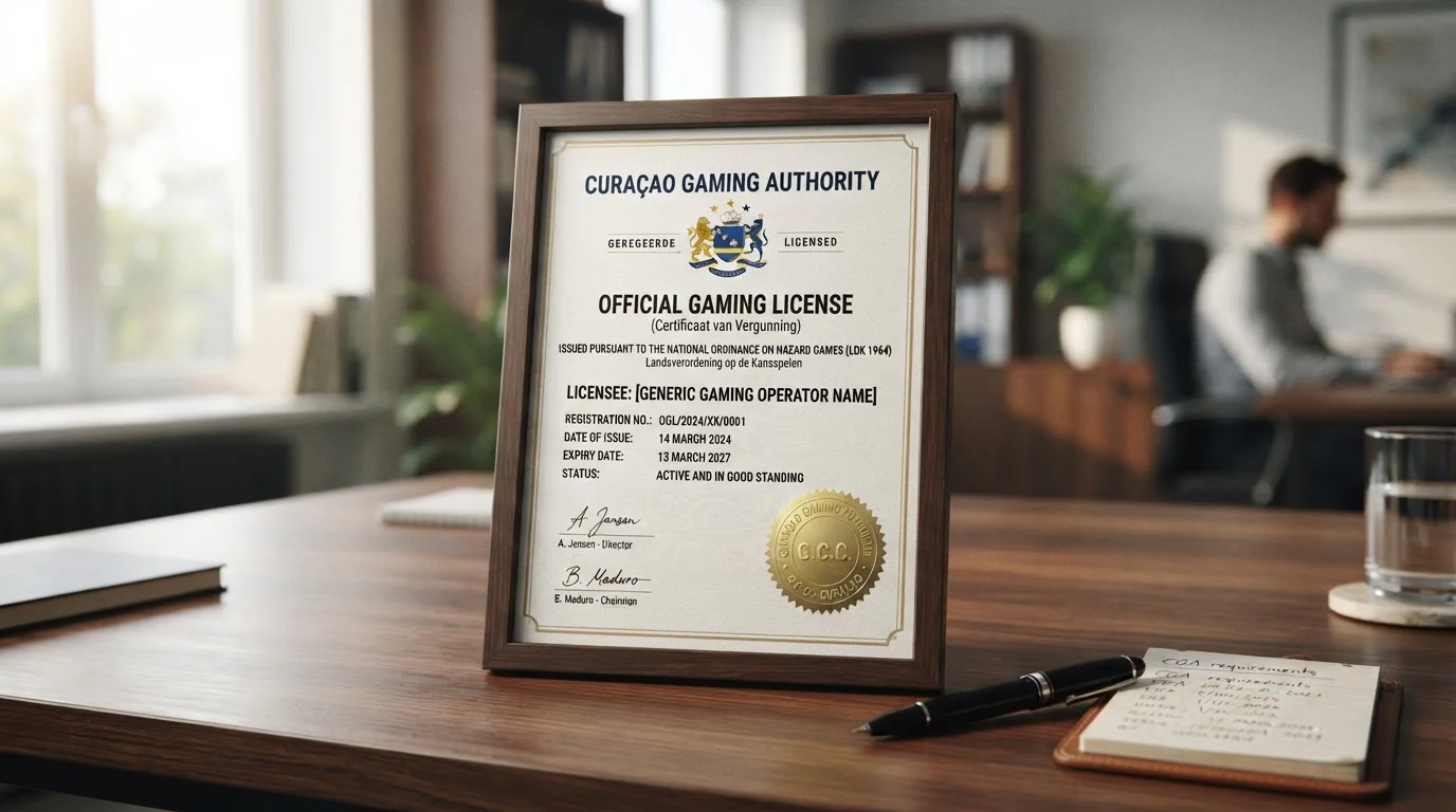 Certificado de licencia Curaçao Gaming Authority con sello oficial