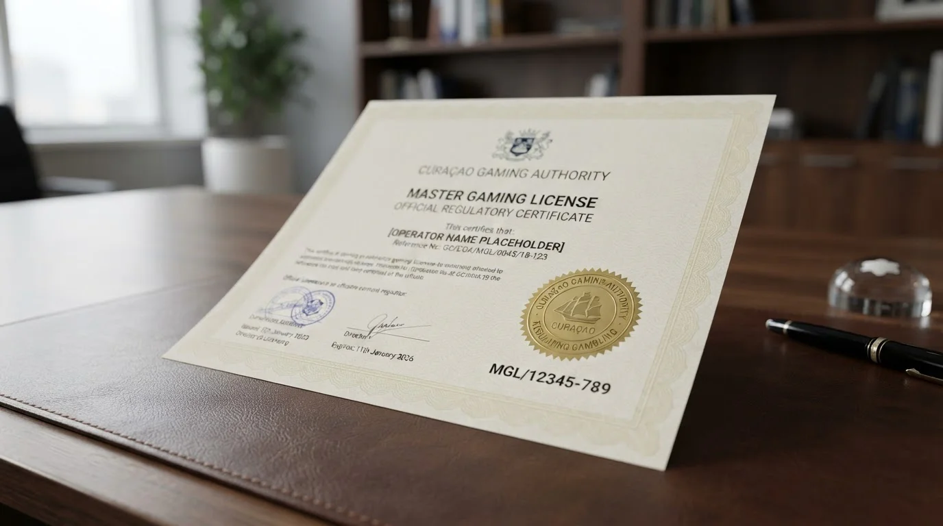 Documento de licencia de casino con sello Curaçao Gaming Authority y número de registro visible