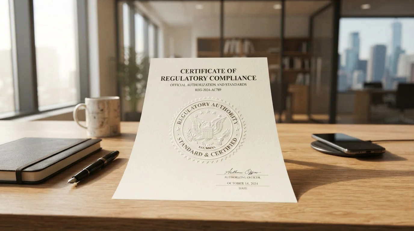Documento regulatorio oficial con sello embozado sobre escritorio moderno
