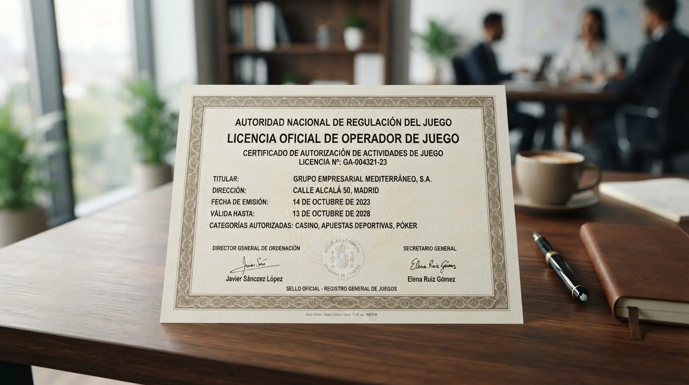 Certificado de licencia oficial sobre escritorio de madera con texto español