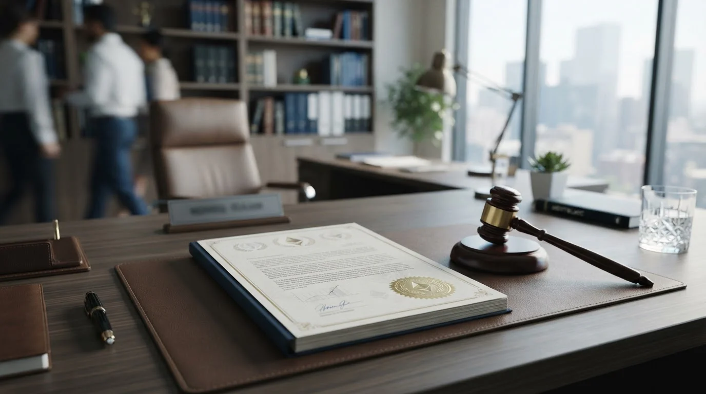 Documento de licencia de Curaçao y Anjouan junto a símbolo de regulación legal