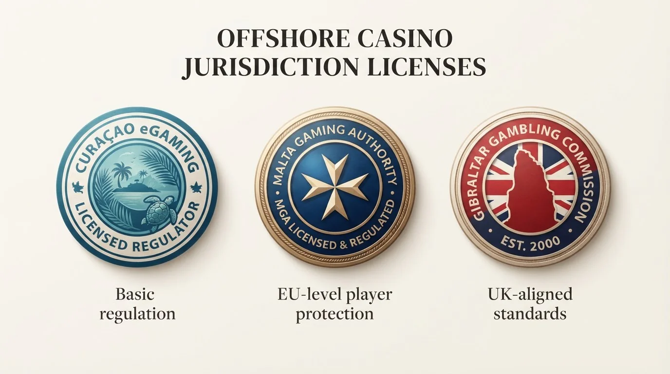 Sellos de licencias offshore de Curaçao y Anjouan junto a iconos de seguridad y verificación