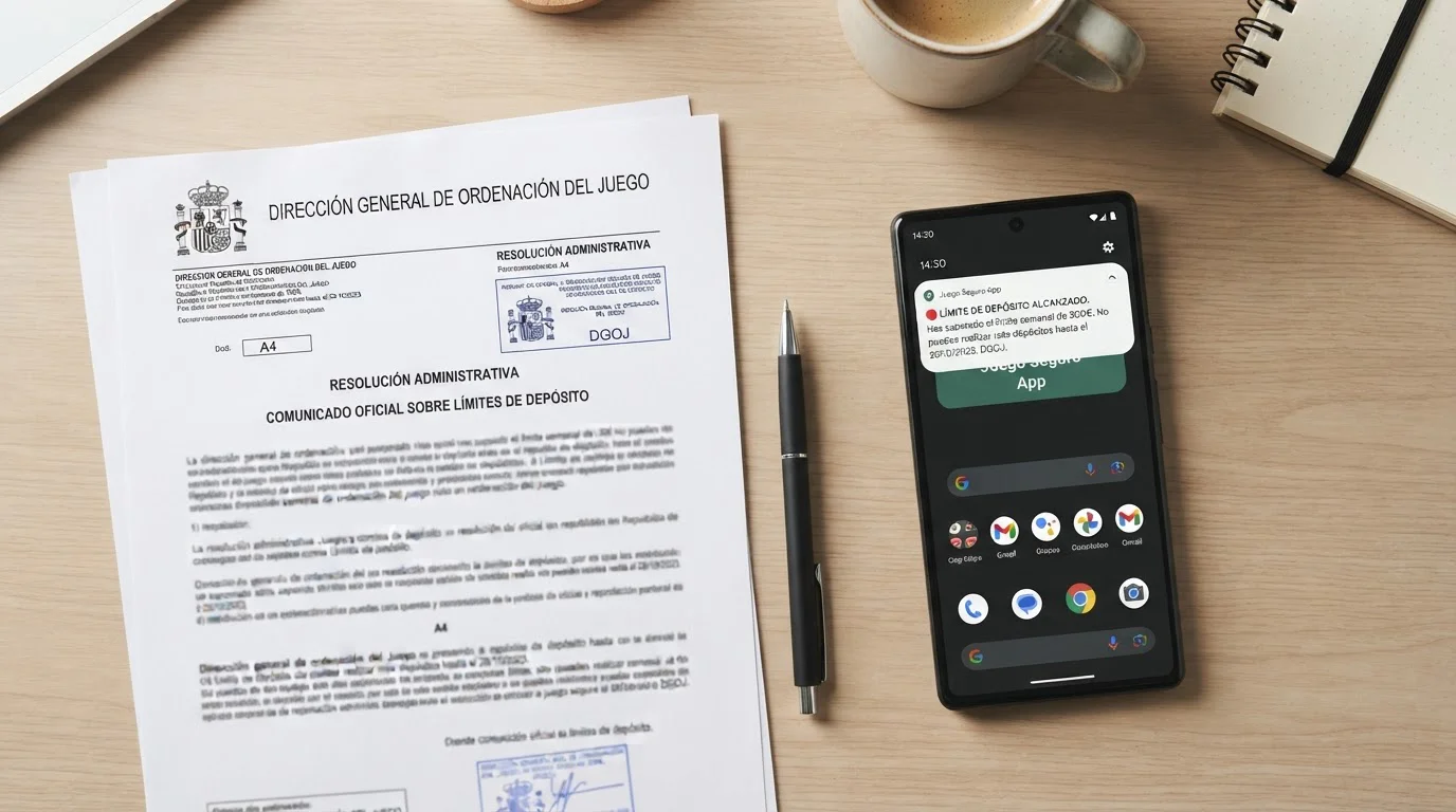 Documento oficial con sello de licencia DGOJ y smartphone mostrando notificación de límite de depósito alcanzado