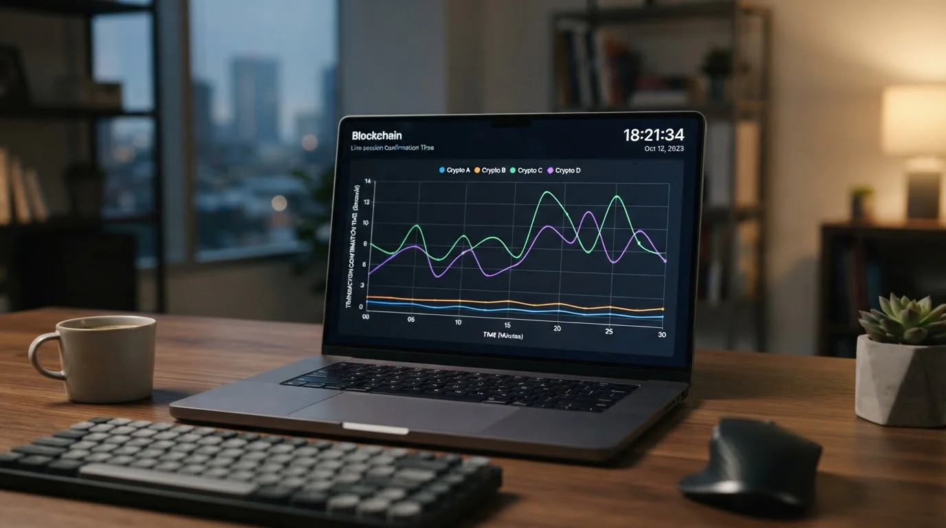 Pantalla de laptop con gráfico de velocidad de confirmación blockchain y reloj marcando minutos