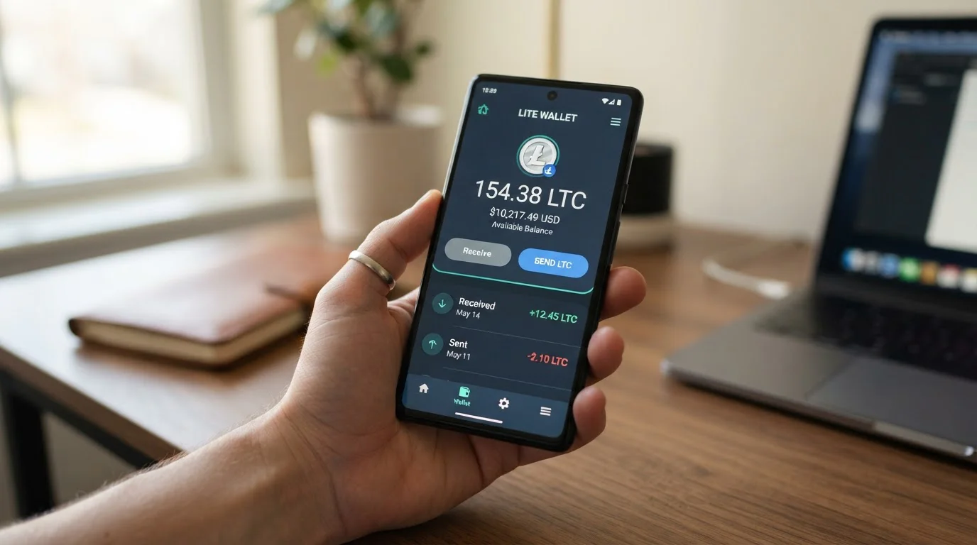 Smartphone con wallet Litecoin abierto mostrando balance y botón de envío