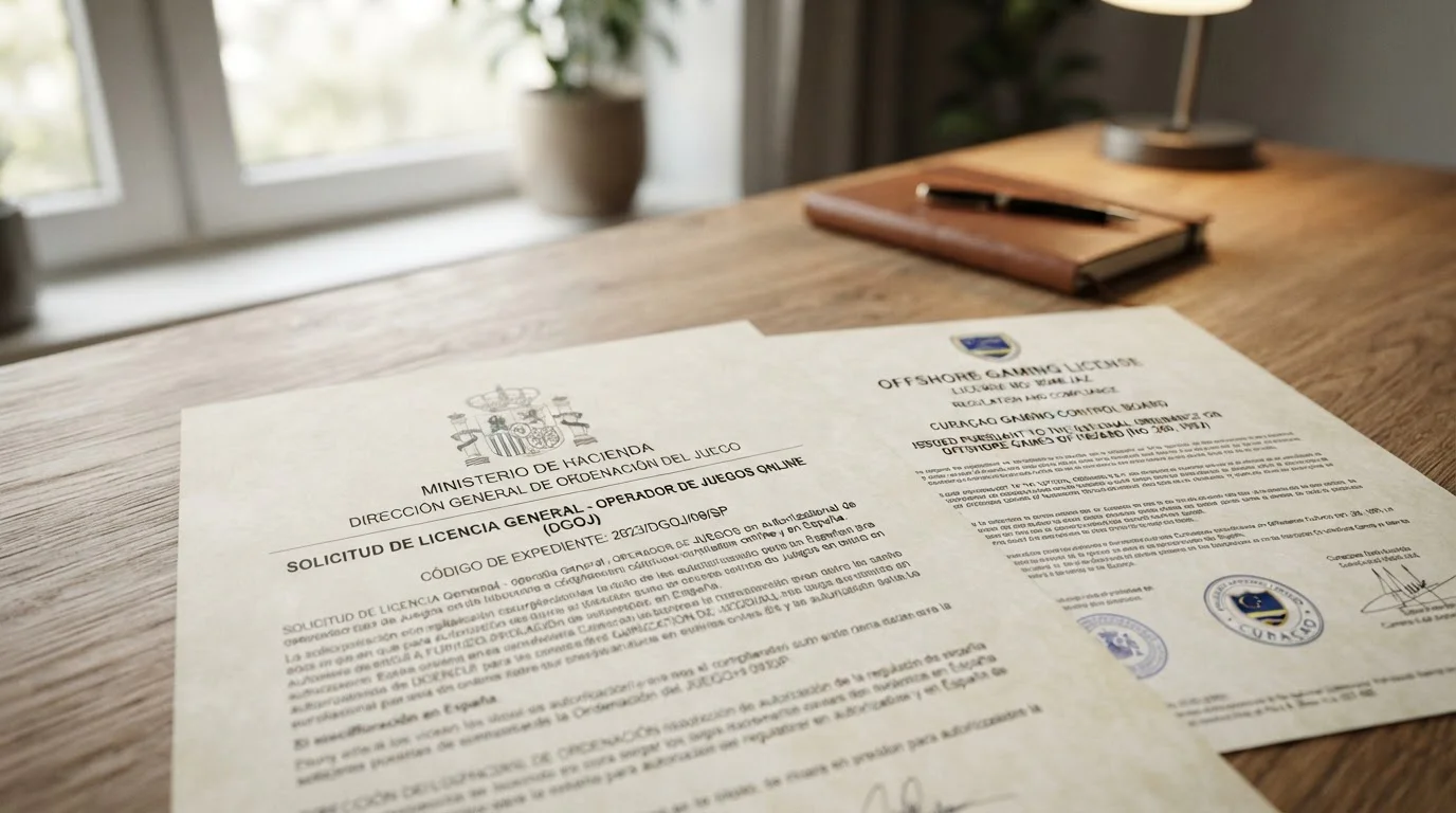 Documento oficial con sello DGOJ junto a documento de licencia Curaçao mostrando contraste regulatorio