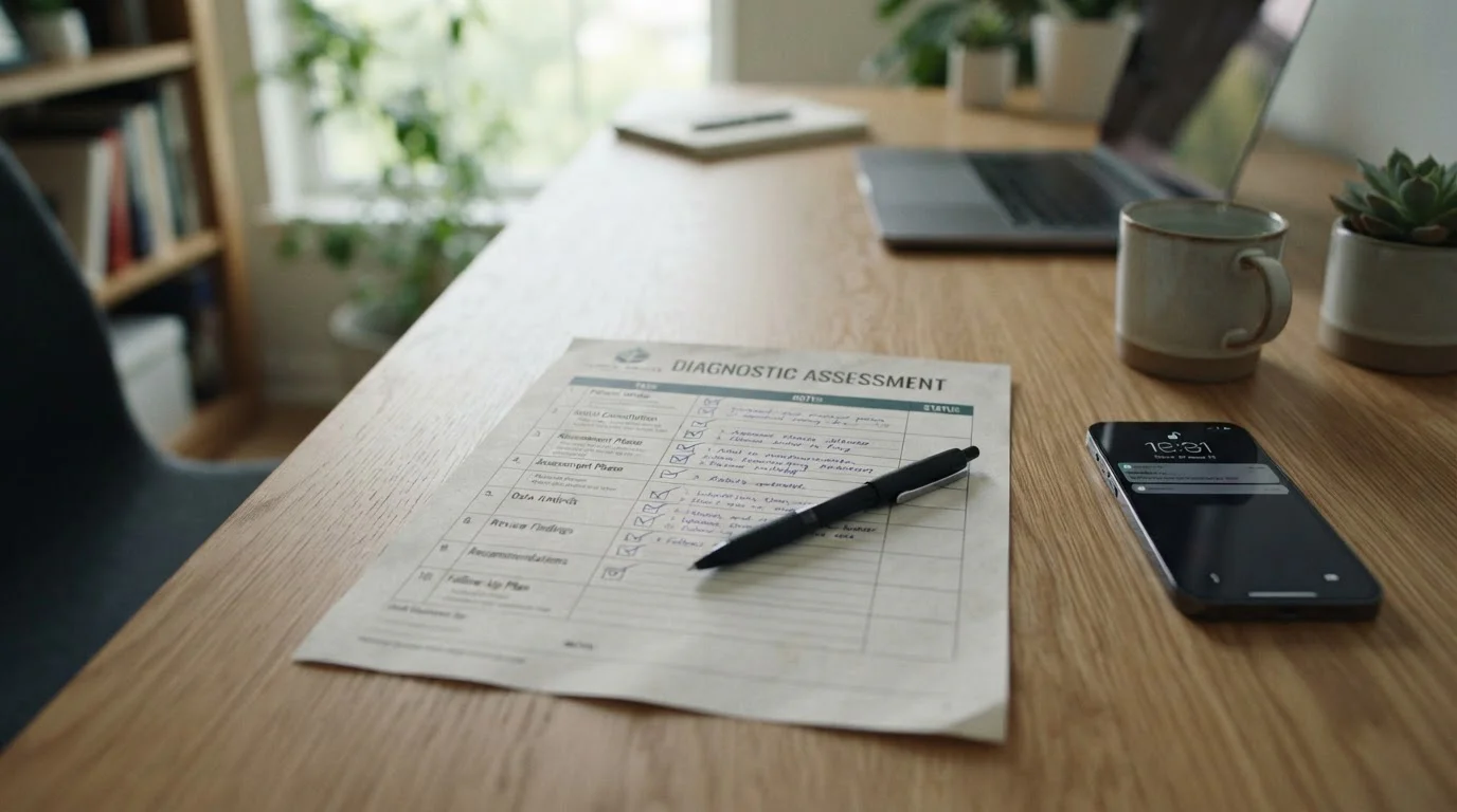 Checklist de verificación impreso con elementos marcados para diagnóstico de pago rechazado