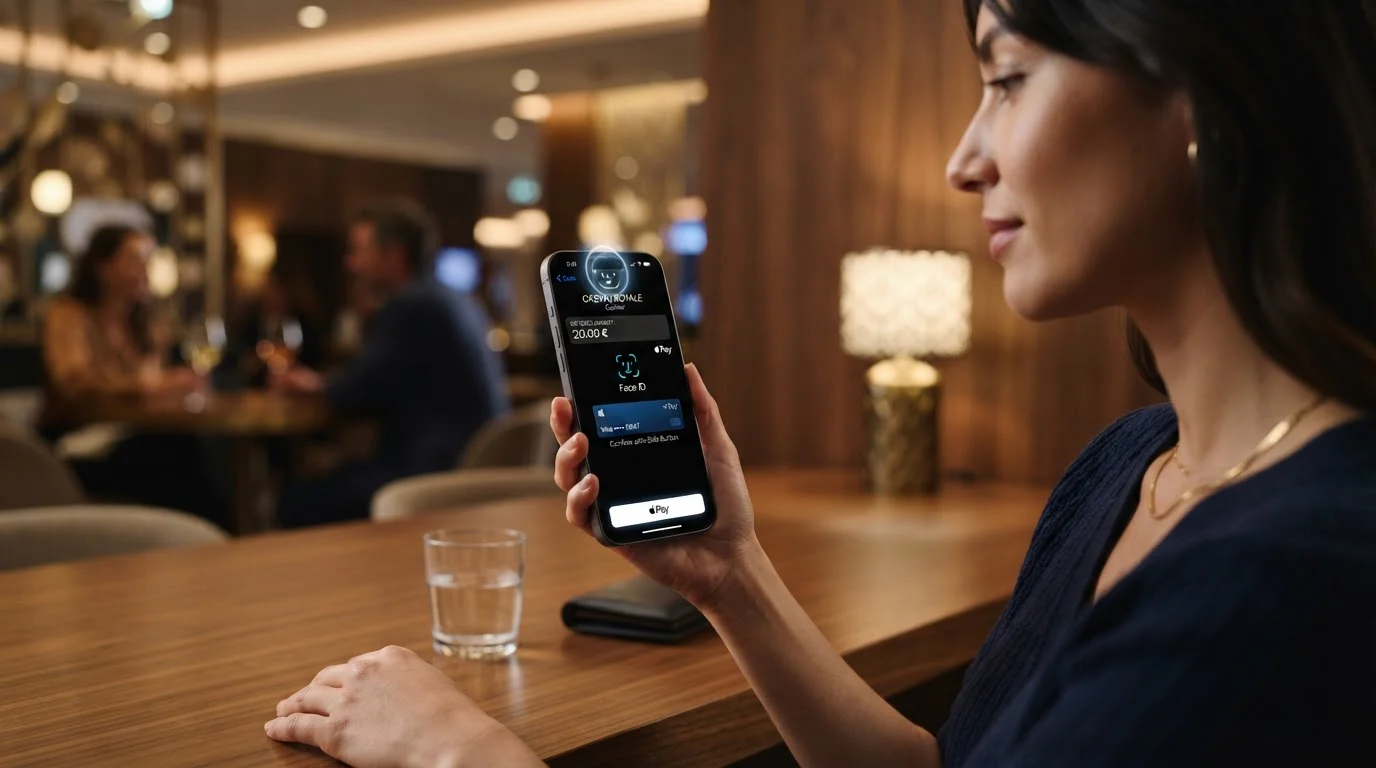Jugador usando iPhone con Apple Pay para depositar en casino online desde la app móvil, con interfaz del cajero visible en pantalla
