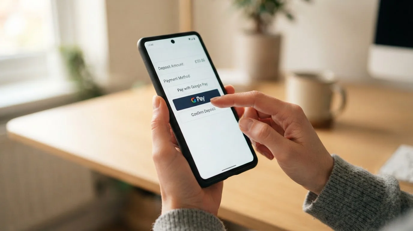Persona realizando un pago con Google Pay en su móvil Android para depositar en casino online