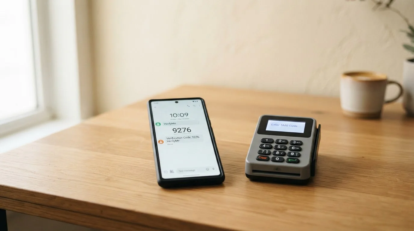 Smartphone mostrando código SMS de cuatro dígitos junto a interfaz de cajero automático