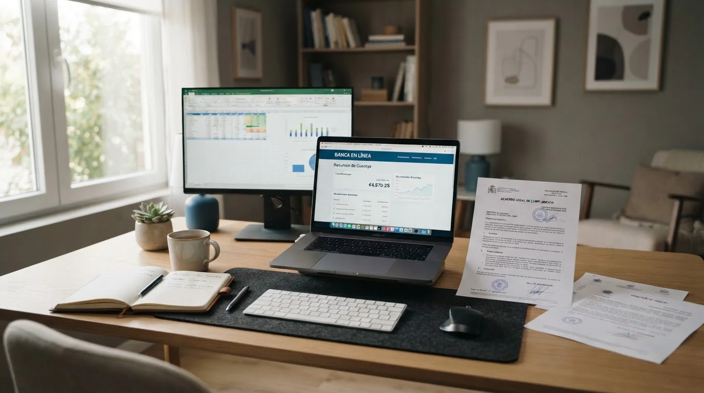 Escritorio con laptop mostrando banca online y documentos de casino legales en España