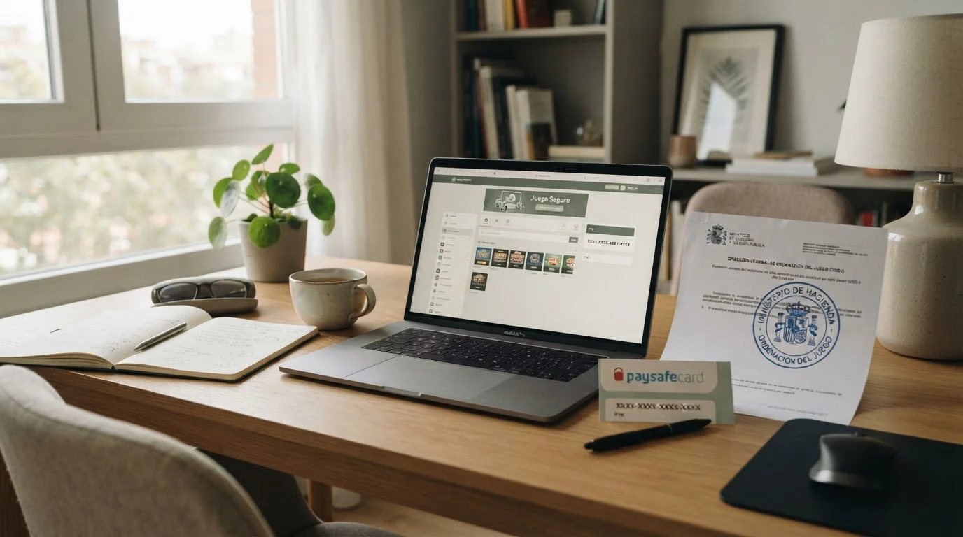 Escritorio moderno con voucher Paysafecard, laptop y documento DGOJ