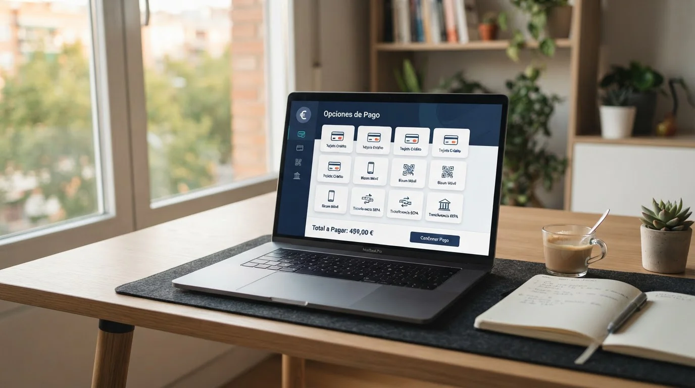 Interfaz de pago digital con múltiples opciones de métodos bancarios en España