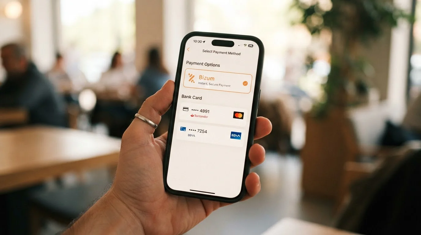 Teléfono móvil mostrando opciones de pago Bizum y tarjeta bancaria en casino online