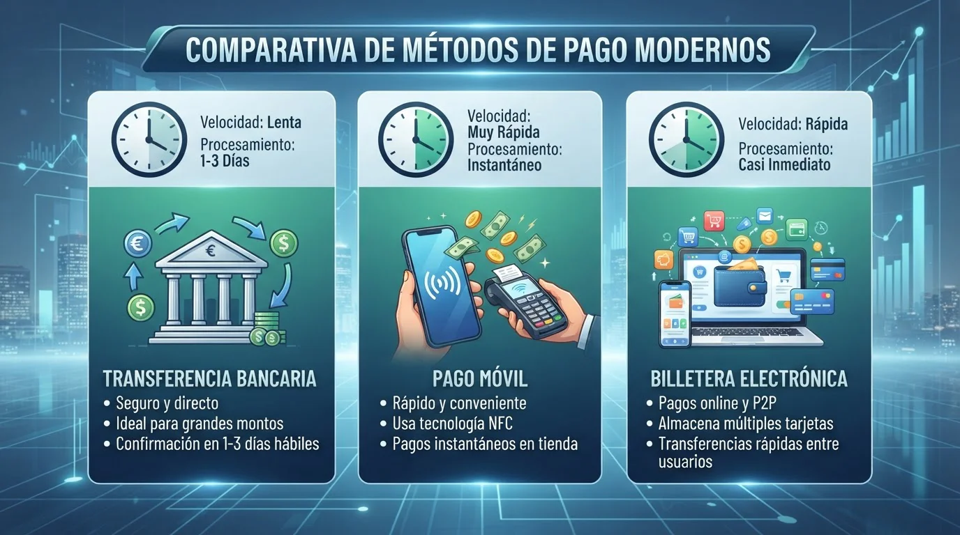 Infografía comparativa de métodos de pago con velocidades relativas