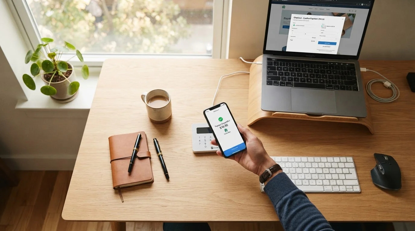 Persona usando smartphone para pagar con Bizum en escritorio ordenado con laptop