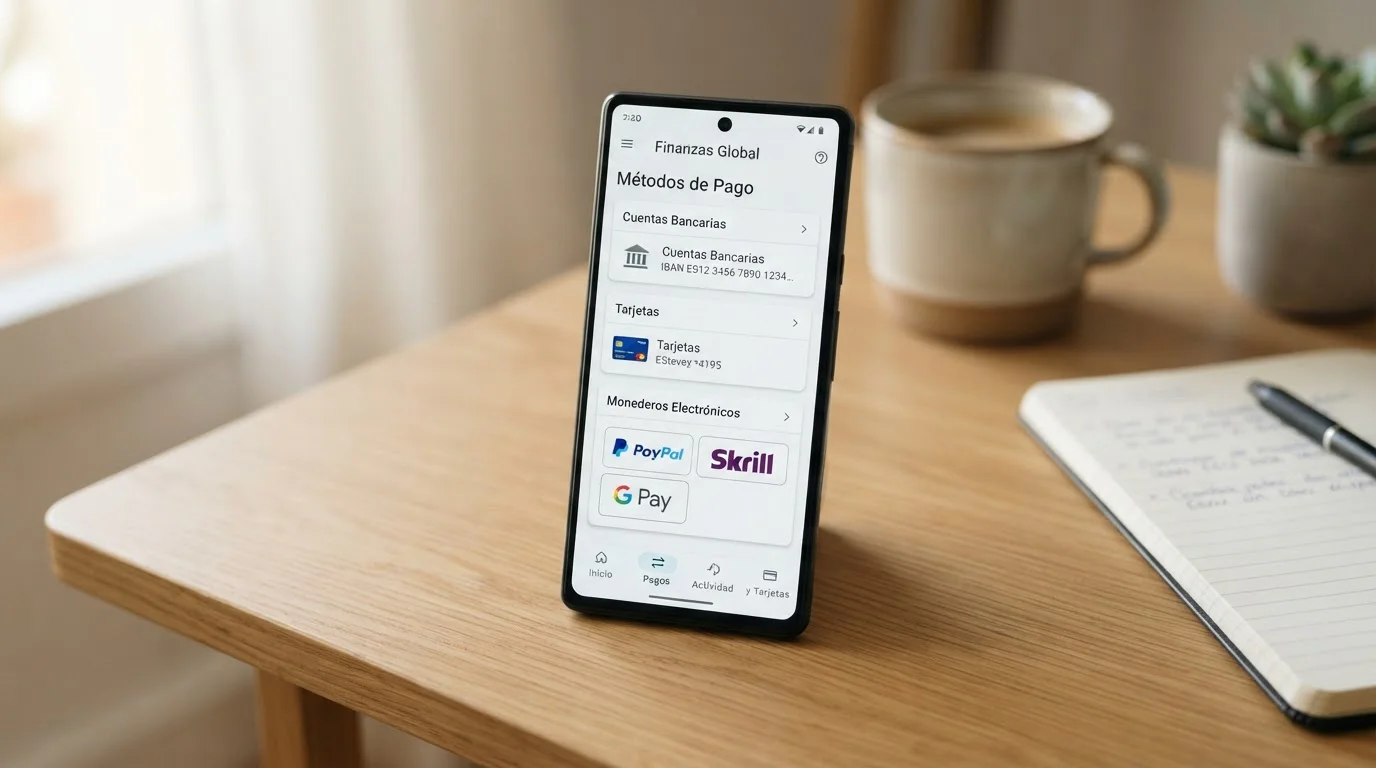 Smartphone mostrando métodos de pago rápidos para casino online: PayPal, Skrill y monederos electrónicos