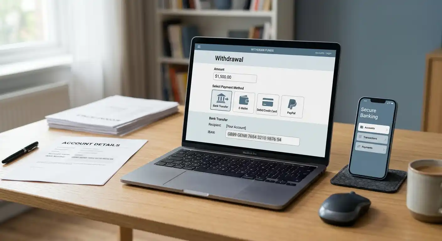 Smartphone con app bancaria y laptop mostrando métodos de retiro alternativos