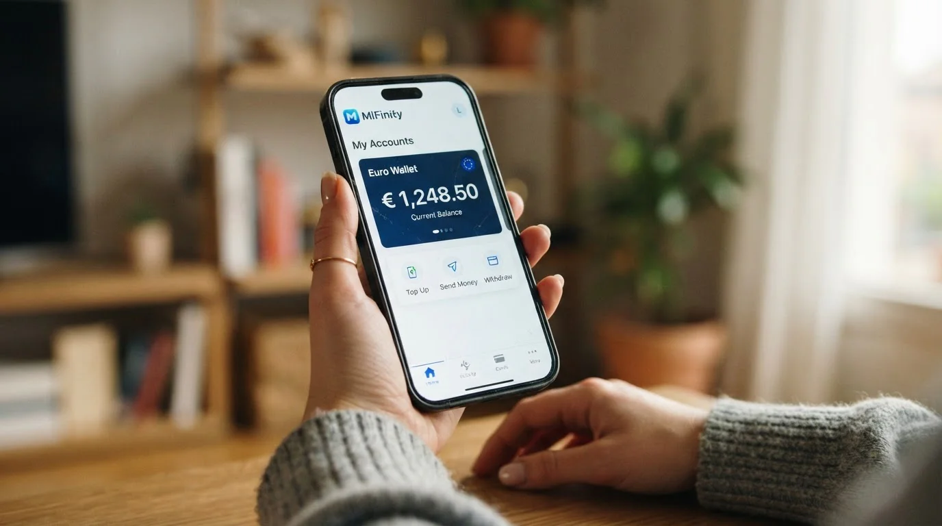 Teléfono móvil con aplicación MiFinity mostrando saldo en euros