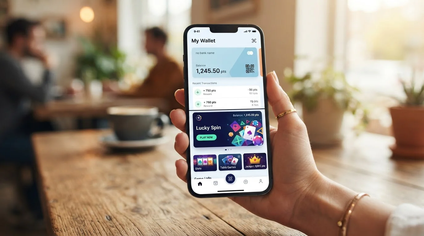 Mano sosteniendo smartphone con app de monedero digital y casino en pantalla dividida