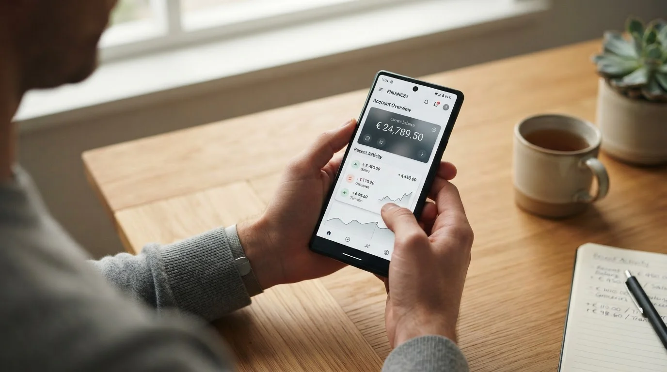Smartphone en mano mostrando aplicación de monedero digital con saldo en euros