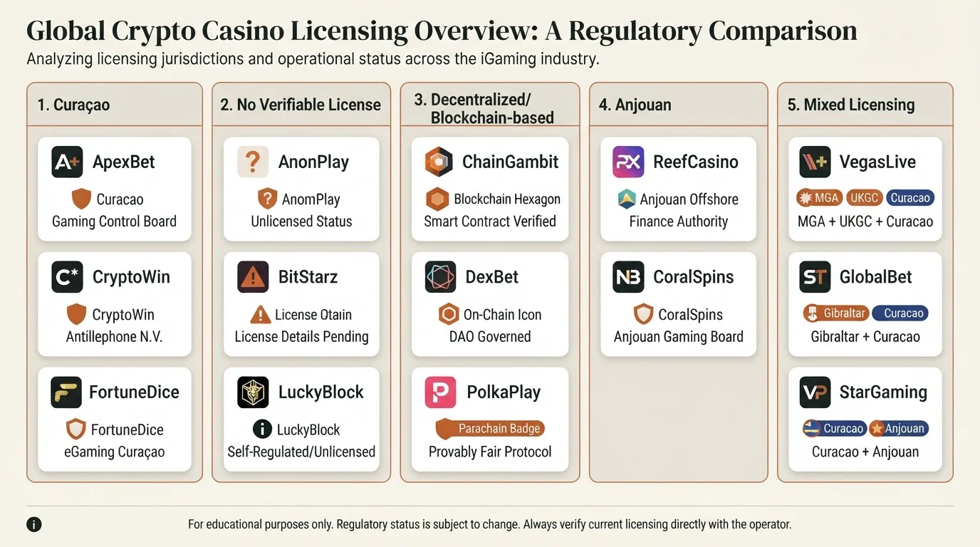 Comparativa de operadores crypto y sus licencias
