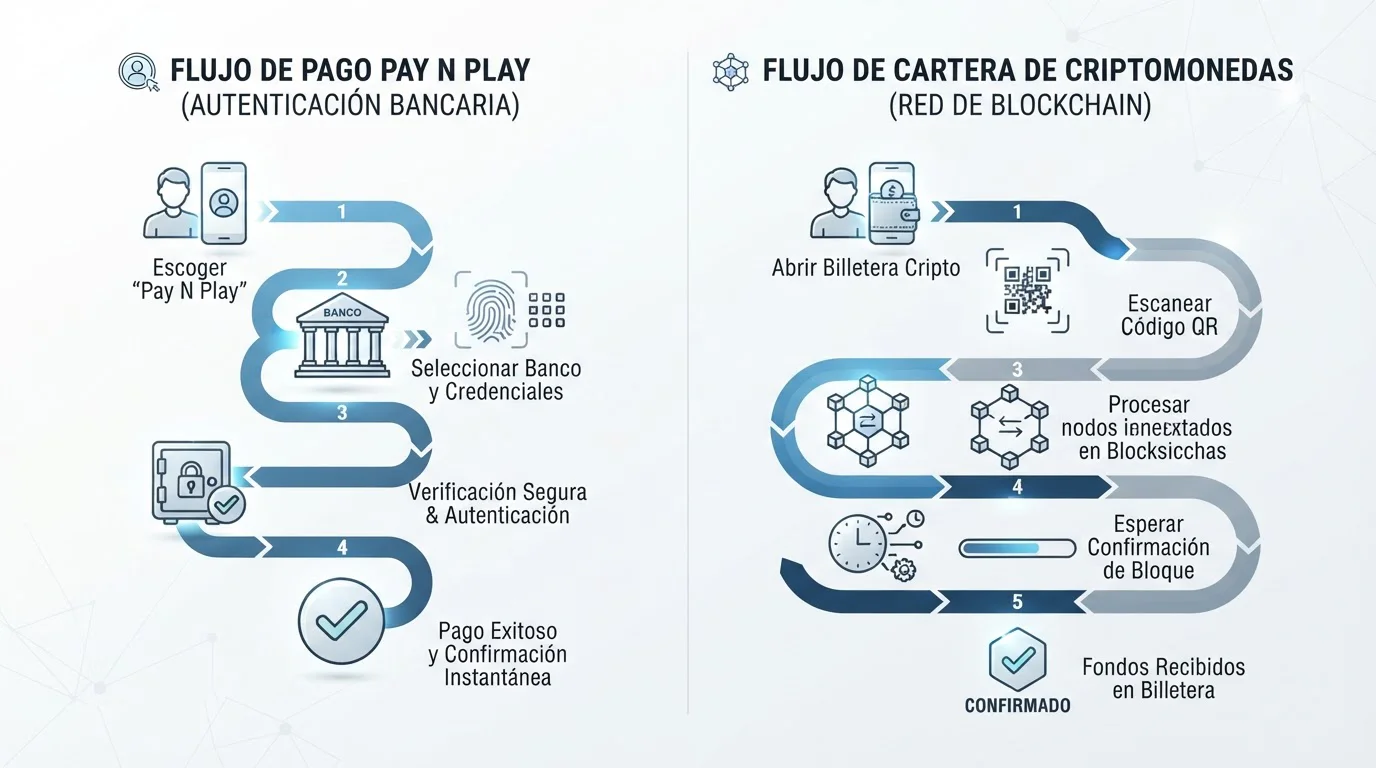 Diagrama comparando Pay N Play con Trustly versus casinos cripto sin KYC con diferentes flujos de verificación