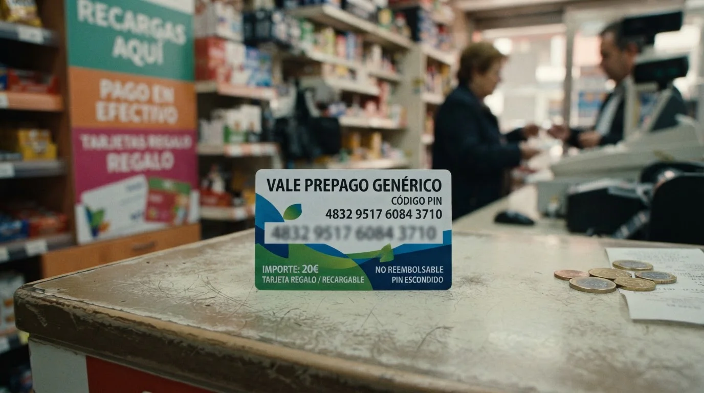 Tarjeta prepago Paysafecard con PIN visible y punto de venta en segundo plano