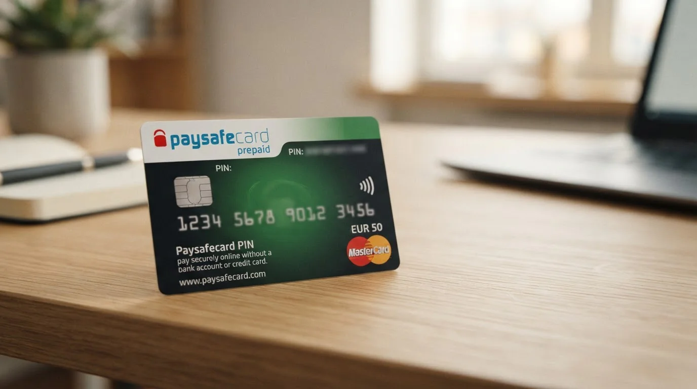 Tarjeta Paysafecard física con código PIN visible sobre fondo neutro