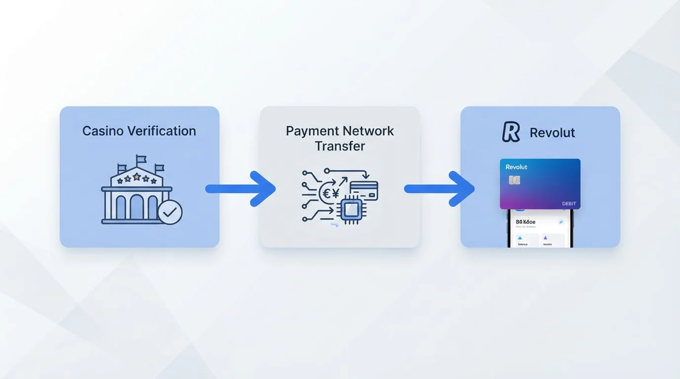 Proceso de retiro desde casino a tarjeta Revolut esquematizado