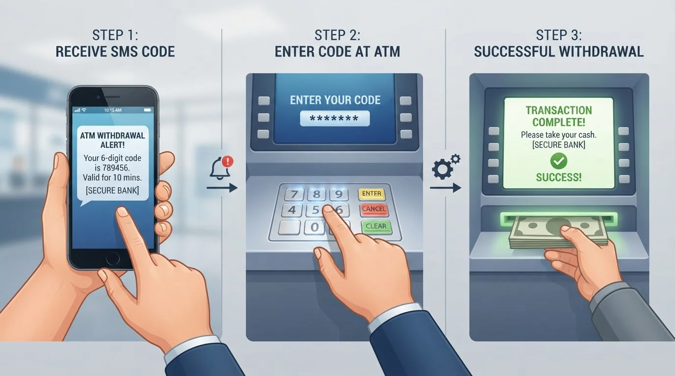 Proceso de retiro con Halcash: solicitud, SMS y cajero en secuencia visual